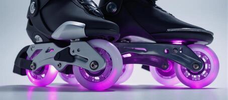 Sleek inline skates featuring neon purple wheels for an eyecatching futuristic look photo