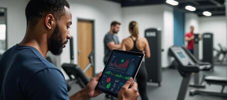 Digital image portrays African American male conducting fitness statistics on digital tablet at gym photo