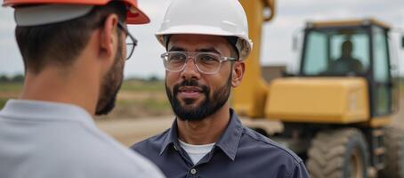 Two African American workers conversing on site one with hard hat and safety glasses other blurred in the foreground photo