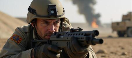 Soldier focusing intently during combat photo