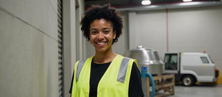 Portrait of a beaming AfricanAmerican woman in a reflective vest amidst a gritty warehouse setting photo
