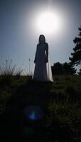 Ghostly figure depicted as silhouette against a lit night sky with a full moon over an open field photo