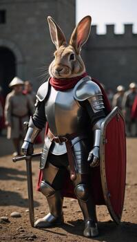 Knight Rabbit Armored rabbit warrior on a medieval battleground with sword and shield photo
