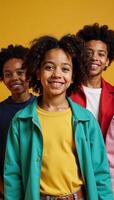 illustration featuring an upbeat stylish GenerationZ teenager of African American descent smiling against a neutral beige backdrop photo