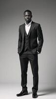 A young AfricanAmerican professional exhibits a thoughtful demeanor while dressed smartly for business attire photo