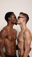 Illustrated portrait showcases an androgynous couple in sunglasses kissing with one model being Caucasian and the other AfricanAmerican in a simplified design photo