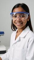 Portrait of an AfricanAmerican schoolgirl in lab with glasses and whitened background photo