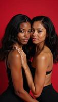 Two AfricanAmerican women both with flowing black waves posed closely on a red backdrop photo