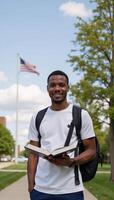 A happy AfricanAmerican student stands on an American campus studying with a book and backpack amidst a backdrop of the iconic stars stripes photo