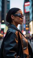 A striking highresolution photo features a bold African American woman donning futuristic goggles and a sleek leather jacket