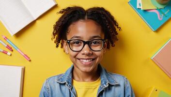 African American Schoolgirl wearing glasses smiles at camera amidst stacks of books on a sunny yellow backdrop captures themes of education and selfdevelopment generated by photo