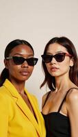 A vibrant image featuring two diverse women in sunglasses epitomizing womanhood and diversity photo