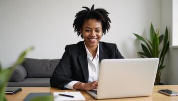 A contentfocused illustration showcases a happy African American woman working efficiently from her cozy home office in a contemporary and digitallyoriented setting photo