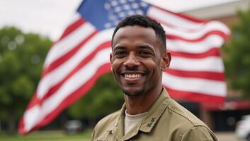 Joyful AfricanAmerican soldier smiling against a blurred American Flag backdrop photo
