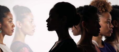 Womans silhouette with diverse group of female faces symbolizing allyship racial unity and empowerment photo