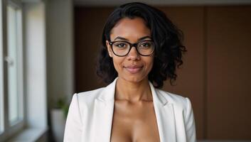 A confident AfricanAmerican woman in glasses wearing a white blazer stands and points within an indoor setting photo