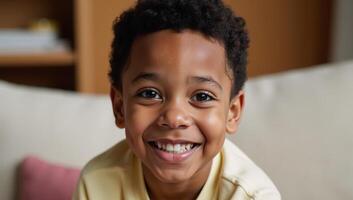 Closeup portrait of a happy African American boy radiating childlike charm in an inviting interior setting photo
