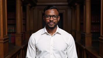 Attractive middleaged Black man in glasses and slick hair dressed smartly in a white shirt posing elegantly in an opulent old library photo