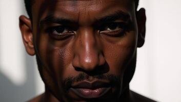 Closeup portrait of an African American man showcasing shadowy facial details and distinct striped patterns across his visage photo