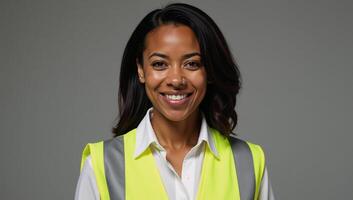 A confident African American woman dons a highvisibility yellow vest for an air of strength and professionalism photo