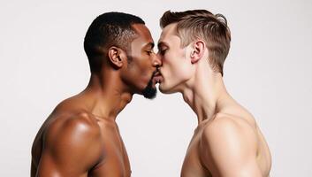 Illustrative art depicts two diverse men kissing in minimalist side profile photo