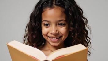 A youthful Black girl smiling and curlyhaired holds a book photo