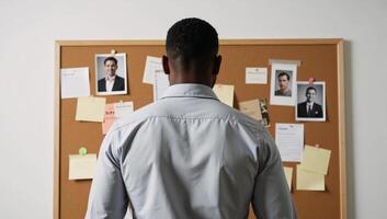An AfricanAmerican man is depicted from behind as he stands before a cluttered corkboard filled with notes photo