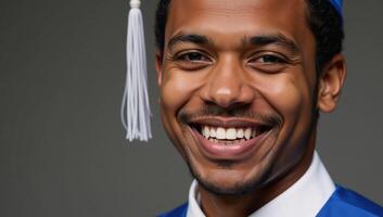 Portrait of a smiling black college grad in graduation regalia photo