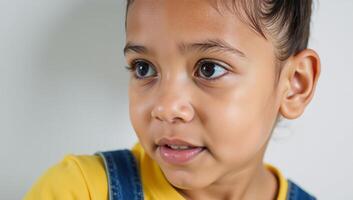 AfricanAmerican girl depicted wearing yellow top and denim overalls with a determined look on her face photo