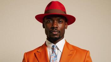 Stylish African American man in a red hat orange suit modernartistic retro portrait featuring geometric designs photo