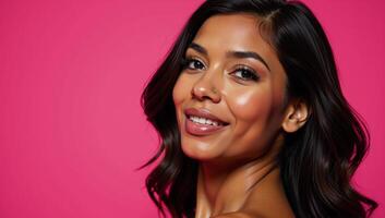 A photorealistic portrait featuring an elegant African American woman adorned with makeup on a vibrant pink backdrop photo