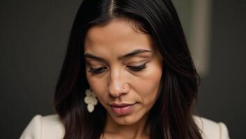 A beautiful AfricanAmerican woman is shown lost in thought while enjoying music photo