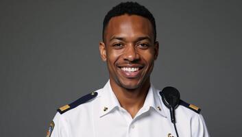 Portrait Cheerful African American cop with friendly smile closeup photo