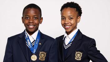 Two African American children displaying their academic medals while dressed in private school uniforms photo