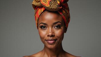 A vibrant portrait showcases an AfricanAmerican woman with bold headwrap and expressive style photo