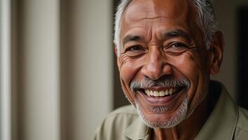 Closeup portrait of a happy African American senior retiree by technology photo