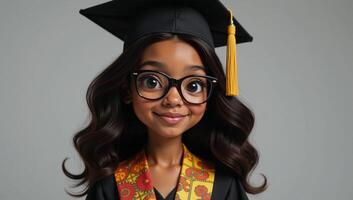 Cartoon image of an African American girl wearing glasses graduation cap gown and an African print sash photo