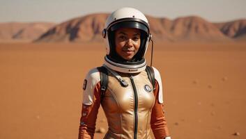 A young African American astronaut stands on Mars in a detailed spacesuit with a helmet and red desert landscape behind her exuding exploration vibes within a scifi setting photo