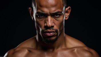 A muscular African American MMA fighter looks intensely into the camera with his head covered sweating against a dark backdrop photo