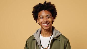 Isolated on a beige backdrop a happy Gen Z guy is captured midwink in playful style showcasing his cool ethnic features and perfectly aligned teeth photo
