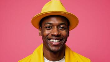 Portrait of youthful AfricanAmerican man wearing fashionable yellow cap with broad smile against vibrant pink backdrop photo