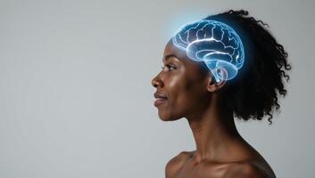 Sideview photorealistic portrait of African American woman with illuminated brain against a clean white backdrop for design purposes photo
