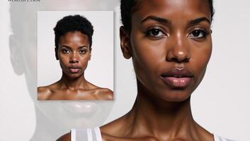 Collage featuring an abstract white backdrop and a Black African American womans portrait photo