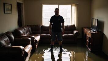 Man in waders stands amidst flooded living room with damaged furnishings dramatic lighting highlights resilience photo