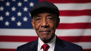 Portrait of an elderly AfricanAmerican man in a cap against an American Flag backdrop photo