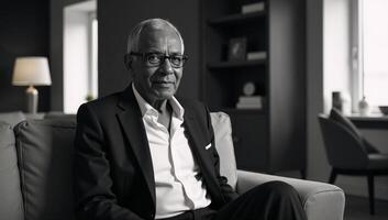 A calm AfricanAmerican elder models comfortably within a modern living room setting photo