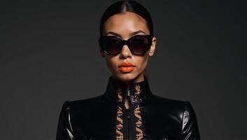 African American model in fashionable black attire with bold orange lipstick oversized 70sstyle sunglasses and a serious expression retro color palette photo