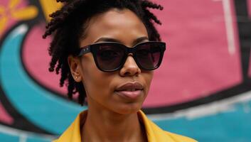 A fashionable African American woman in sunglasses set against a vibrant graffiti backdrop with a healthylooking sunkissed complexion photo