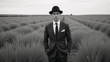 A retrostyled gentleman in suit and hat stands in a sprawling field photo