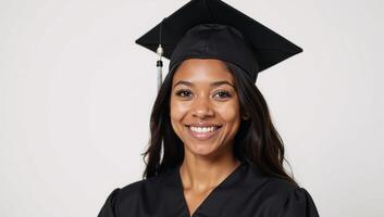 A cheerful young AfricanAmerican graduate smiles in her black graduation cap and tunic looking directly at the camera photo